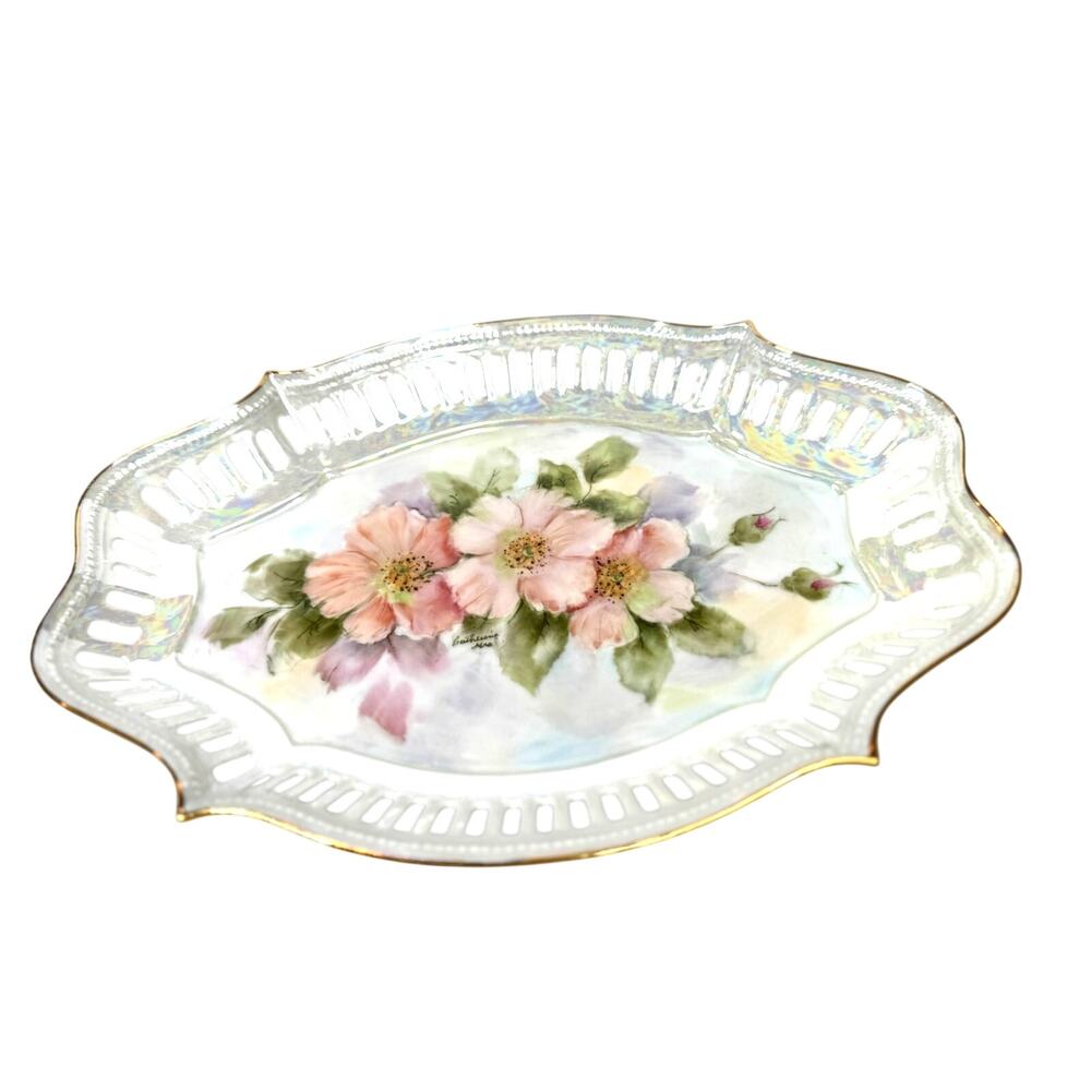 Hand Painted Porcelain Celery Relish Tray Open Border Gilded Scalloped Edge